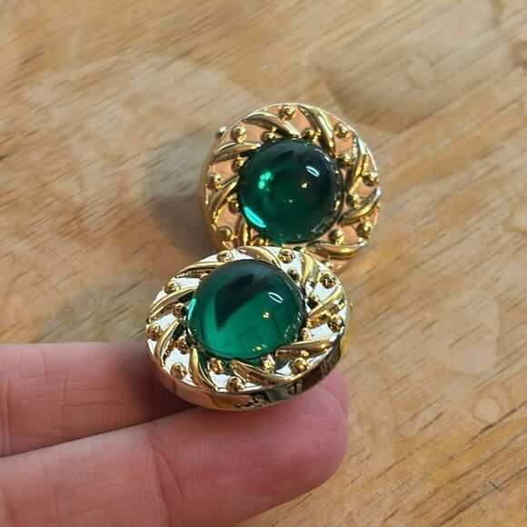 Light Gold tone and green stone acrylic clip on fashion statement earrings - Picture 2 of 6